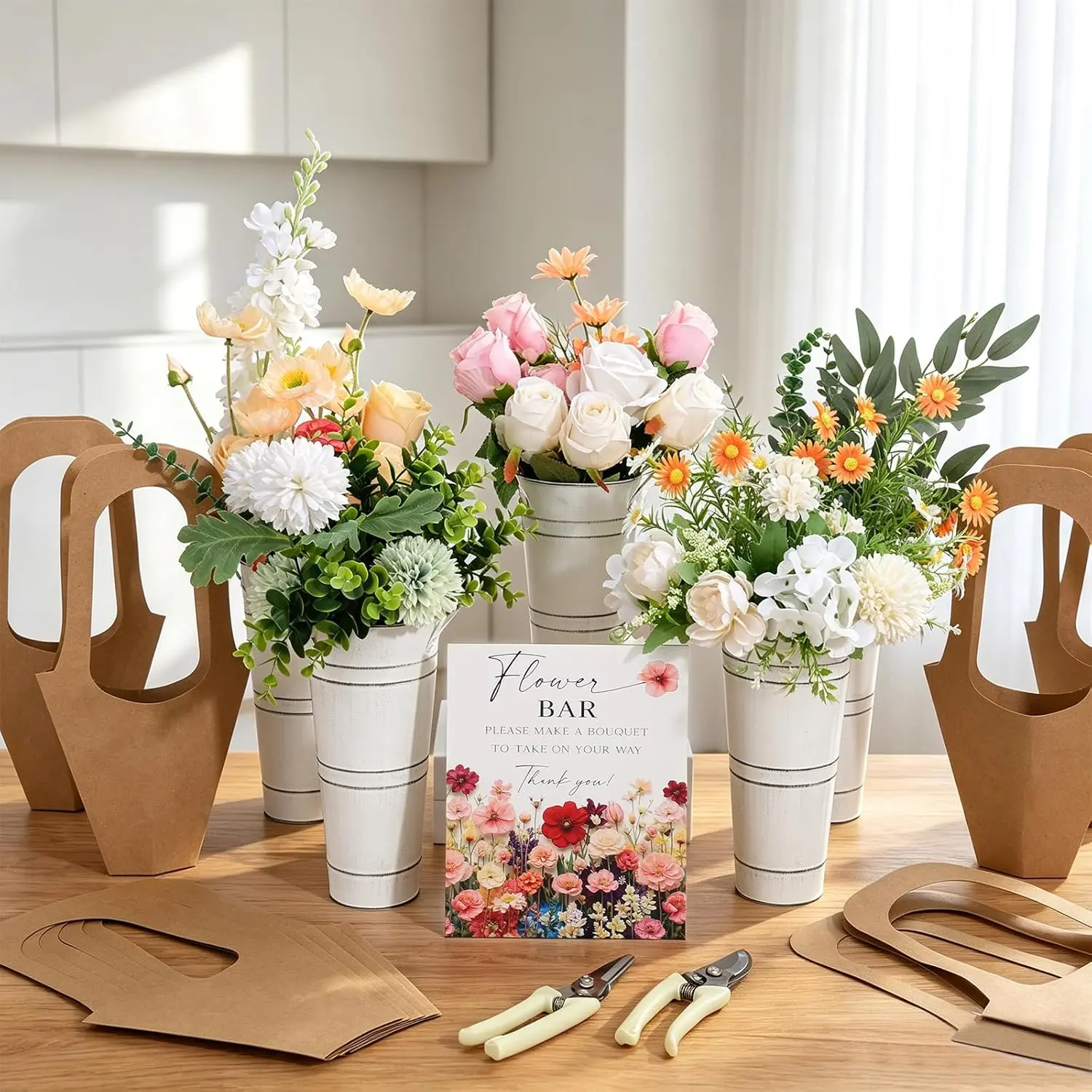 Flower Bar Buckets Set Kit, Bloom Bar Supplies Flower Bar Sign Iron Bucket Kraft Wrapping Bags with Handle for Florist Baby Shower Wedding Bloom Bar Supplies
