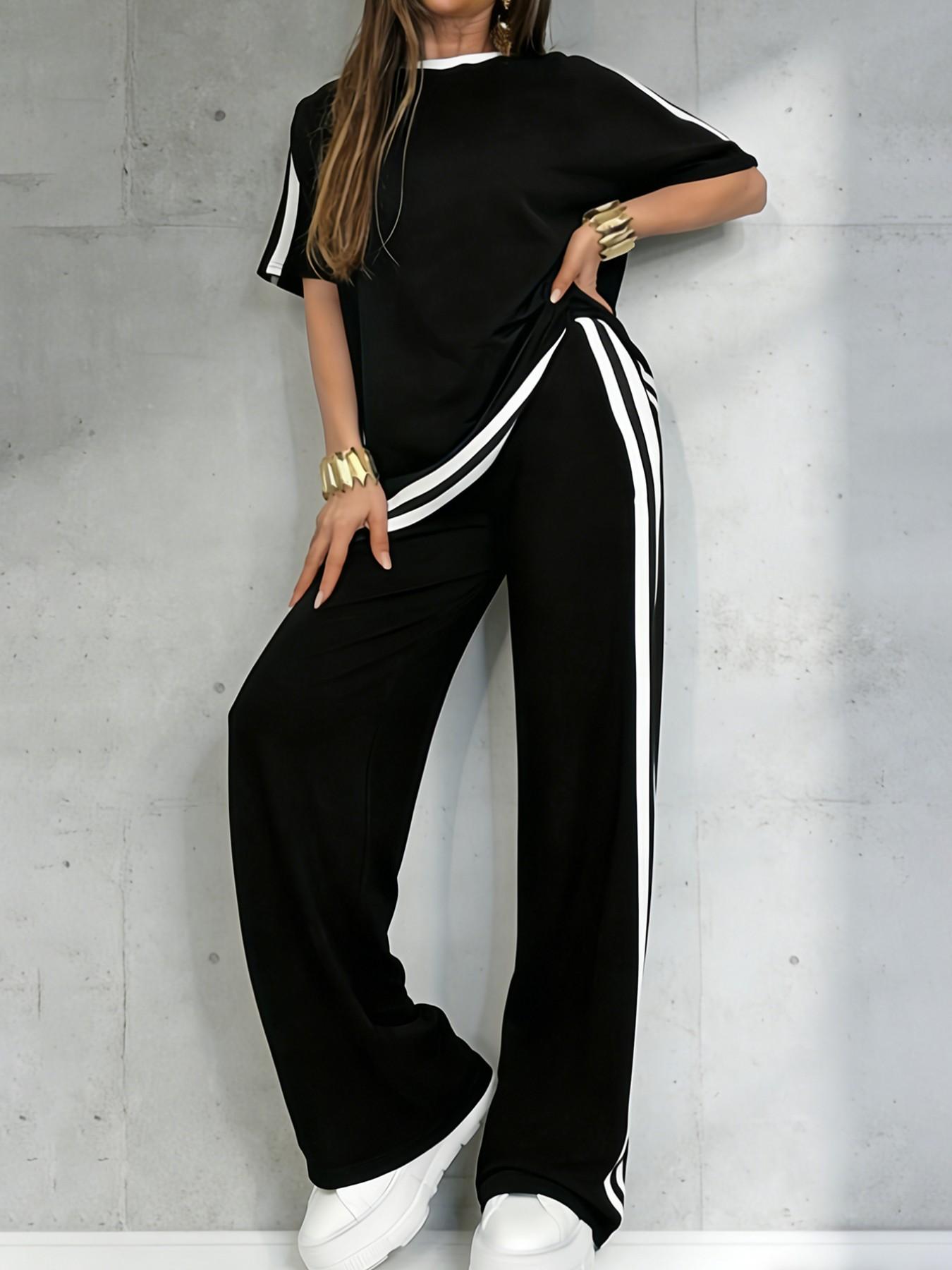 Women's Casual Athleisure Sportswear Set, Solid Color Round-Neck Short-Sleeve Split-Hem Top and Striped Long Pants, Spring/Summer Two-Piece Set Women's Casual Athleisure Sportswear Set, Solid Color Round-Neck Short-Sleeve Split-Hem Top and Striped Long Pants, Spring/Summer Two-Piece Set