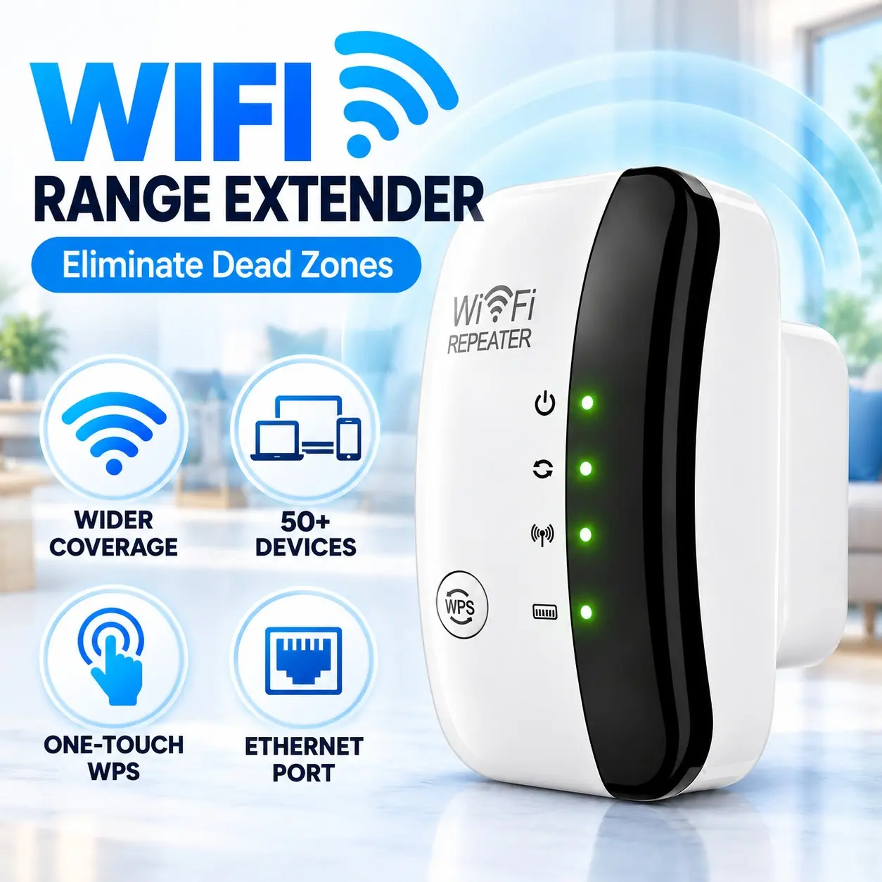 WiFi Range Extender, Long Range WiFi Booster for Home, Wireless Signal Repeater Expands Coverage Up to 5000 Sq. Ft., Ethernet Port, Supports 50+ Devices