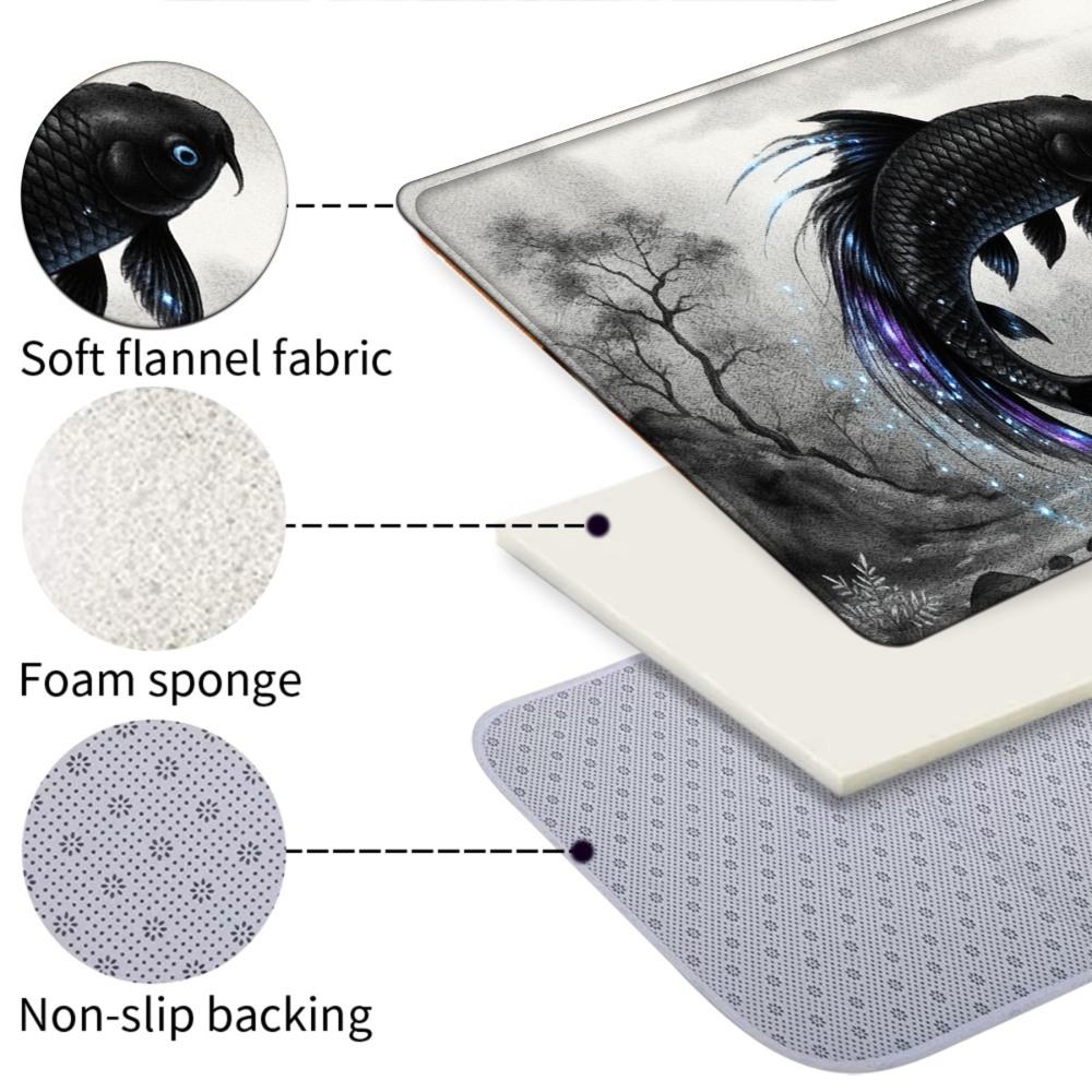 1PC， Black and White Double Fish in Ink - Wash Style Patterned strip rugs, home décor, bathroom mats, entryway mats, bathroom non-slip mats, indoor entrance rugs, bedroom bedside mats, kitchen mats, hallway rugs, flannel sponge rugs, hallway runner rugs