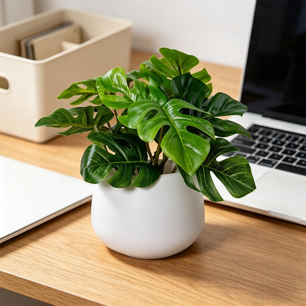 1pc Artificial Monstera Plant in A White Pot, 6-inch Potted Artificial Green Plant, Perfect for Decorating Dining Tables, Home Interiors, and Office Bookshelves. Maintenance-free—no Watering Required.