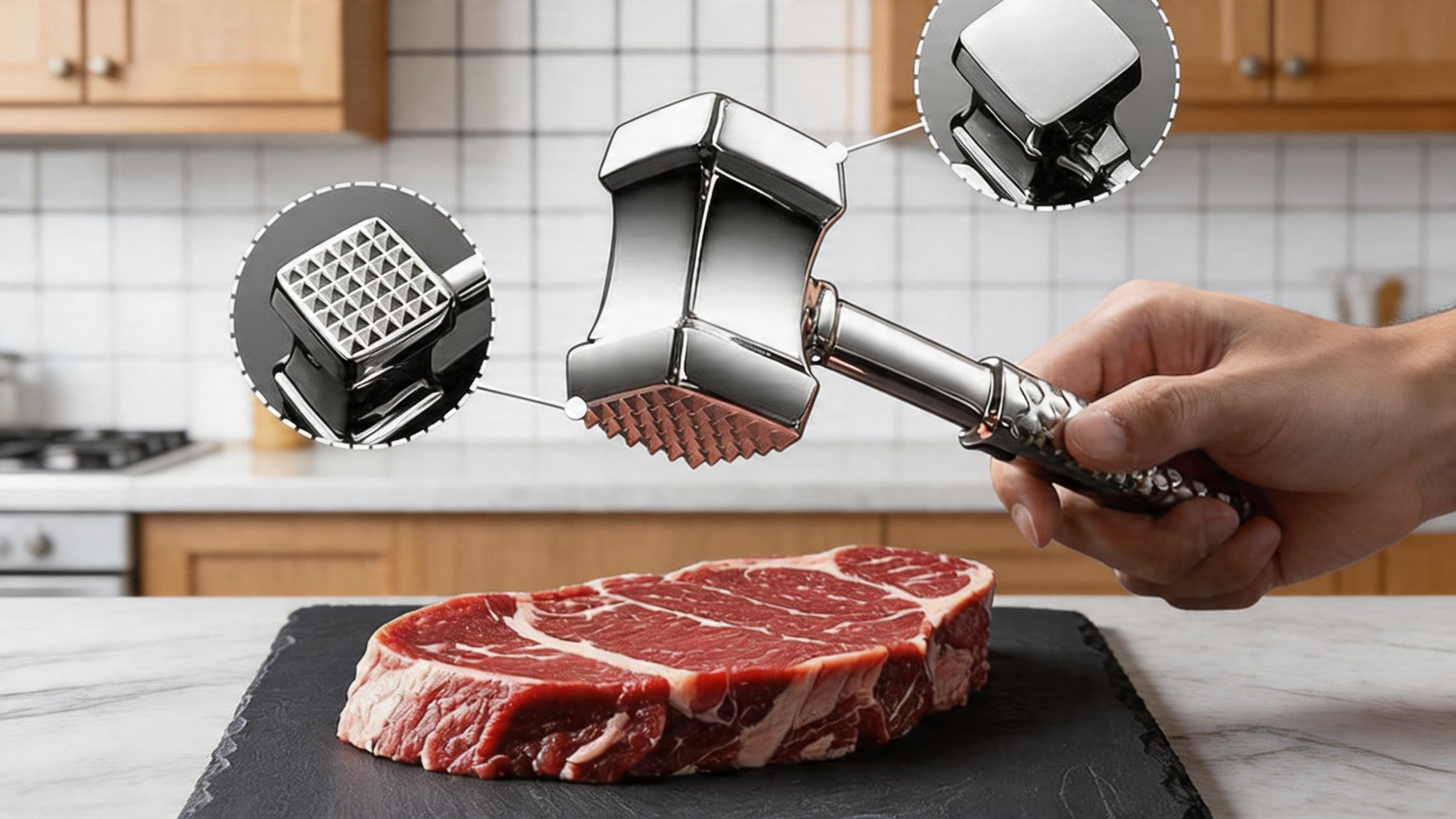 Dual-Sided Stainless Steel Kitchen Meat Tenderizer Tool with Non-Slip Grip, Ideal for Steaks & Poultry, Dishwasher Safe, Backed by Lifetime Guarantee
