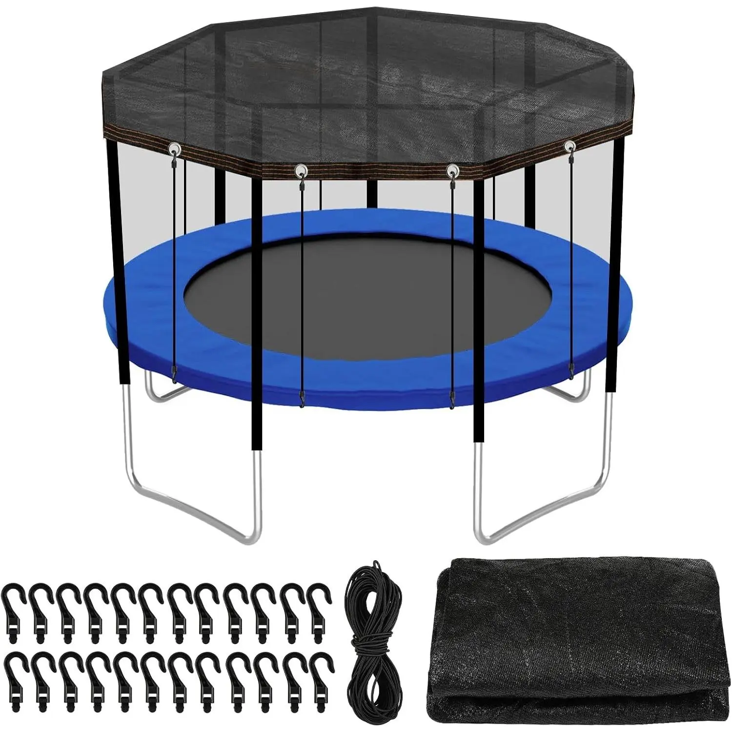 Black Round 12FT Trampoline Top Shade Cover, 90% Sunblock Sun Shade Mesh Tarp with Elastic Cord and Plastic Hooks for Outdoor Backyard Playground Accessories, Tent Only