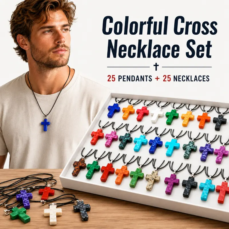 Men's 25-Pieces Colored Necklaces Set - Unisex Chain Jewelry Necklaces, Includes Pendants, Assorted Color Adjustable PU Leather Long Chains, Artificial Stone Cross Jewelry, Anniversary Gift for Daily Outfits