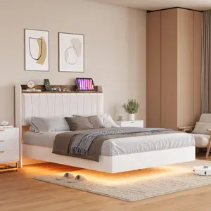 Garvee Floating Bed Frame with LED Lights and USB Charging Station, Modern Upholstered Platform with Headboard, Solid Wood Slats Support, Noise-Free, Easy Assembly, Available in Multiple Colors and Sizes