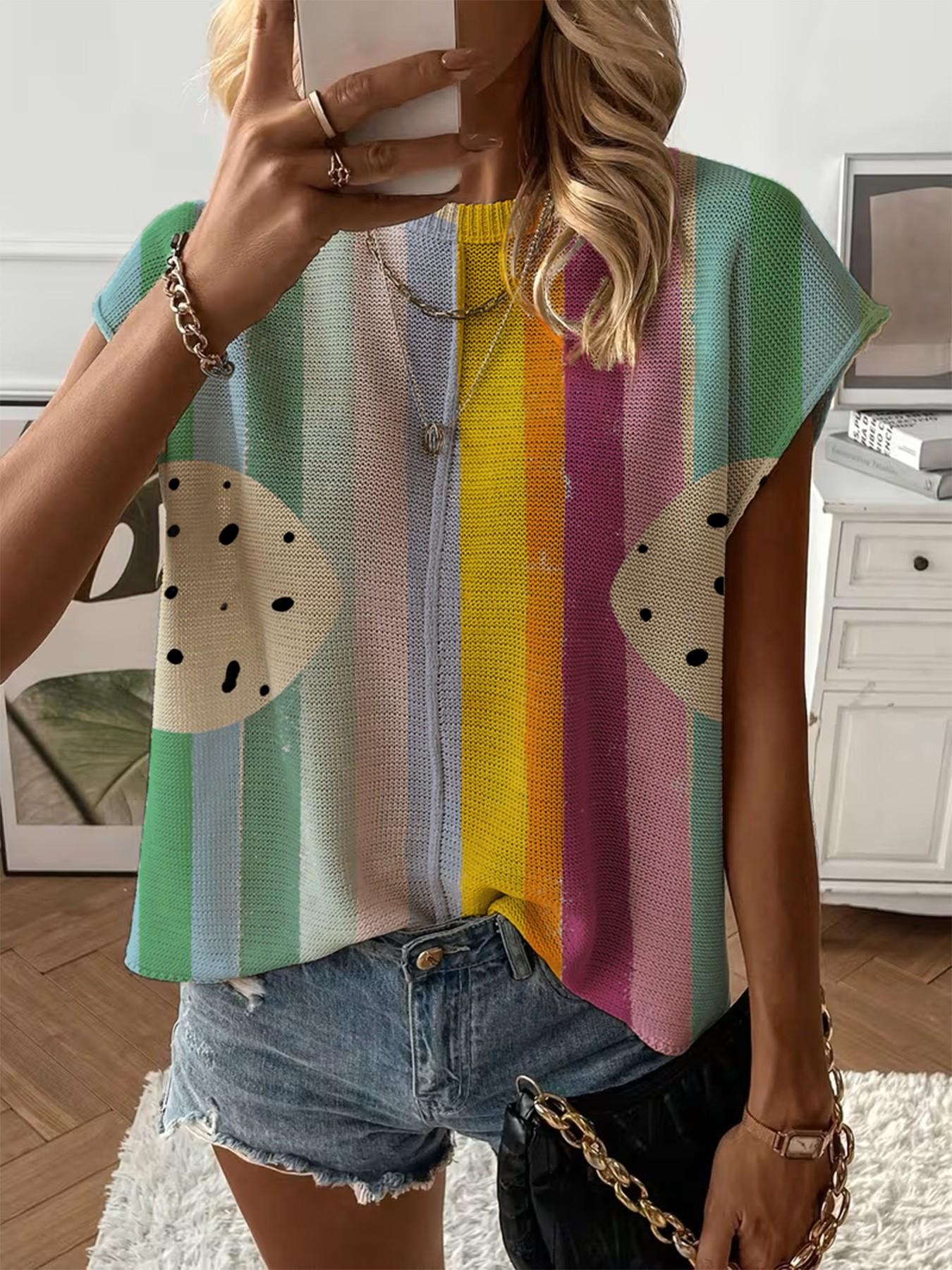Spring/Summer crew neck drop-shoulder loose fit contrast stripe splicing print short-sleeve women's knit top, vacation style, casual elegant commute, ladies short-sleeve knit top, bikini cover-up. Spring/Summer crew neck drop-shoulder loose fit contrast stripe splicing print short-sleeve women's knit top, vacation style, casual elegant commute, ladies short-sleeve knit top, bikini cover-up.