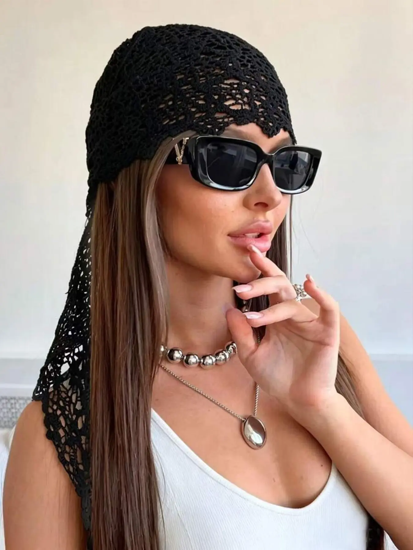 Lace Crochet Headscarf, Hollow Out Floral Knit Scarf, Breathable Sun Protection, Bohemian Style, Elegant and Stylish