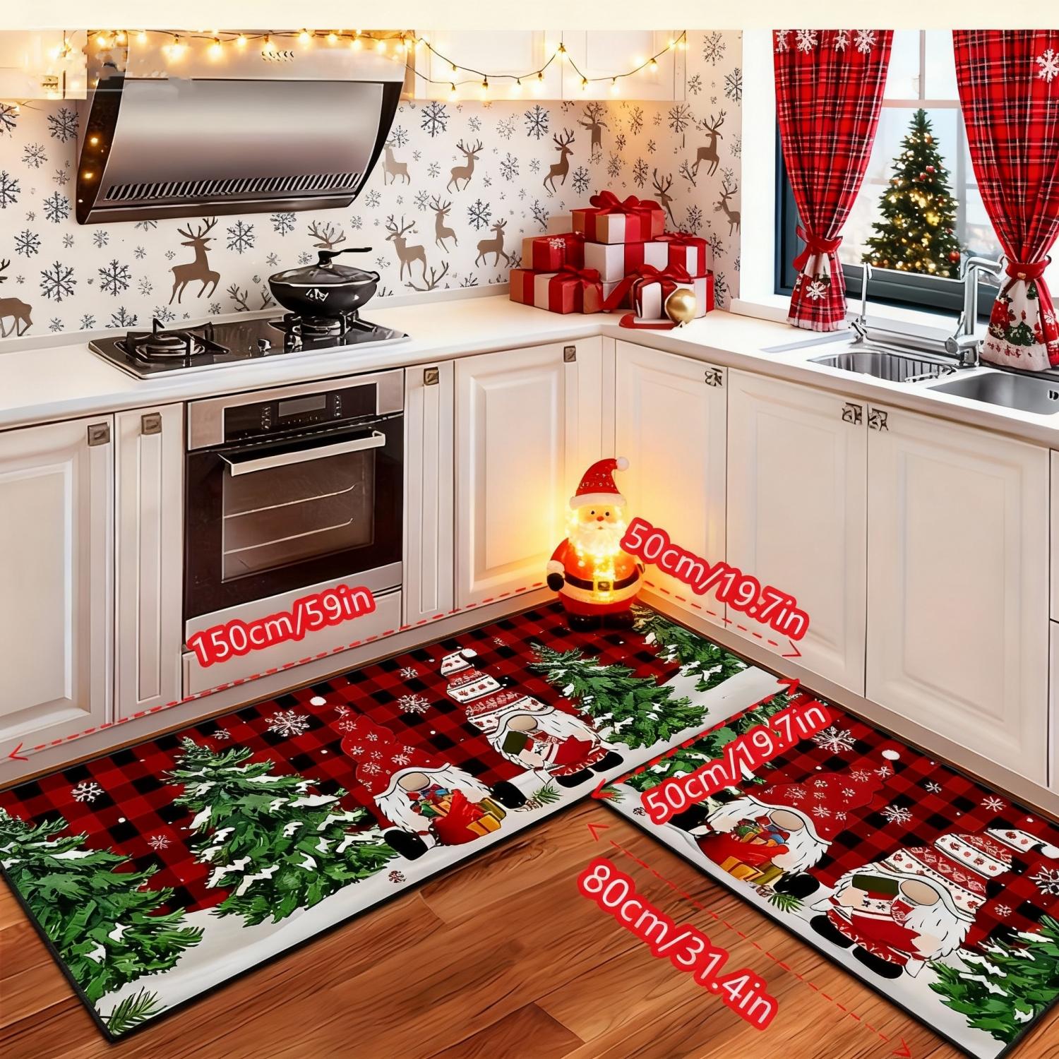 2 Counts Christmas Kitchen Rug Set, Santa Gingerbread Man Christmas Tree Dwarf Gnomes Pattern, Non-Slip Soft Low Height, Holiday Party Floor Mat Home Decor, Home Decor Rugs