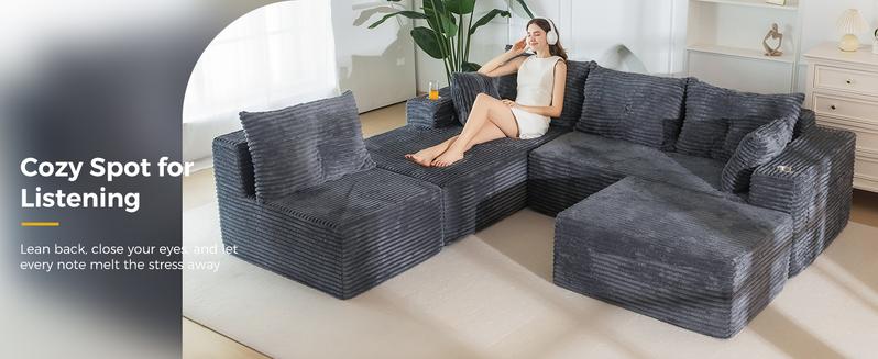 [3 Packs Shipped] MAXYOYO 131.6" Large U-Shaped Sectional Sofa,  Modern Boneless Couch for Living Room, Sofa in A Box, Oversized Sofa Sleeper with Deep Seat, Convertible Corduroy Sectional Sofa, No Assembly Required