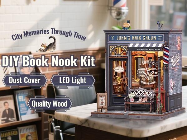 CUTEBEE DIY 3D Dollhouse Kit John’s Hair Salon – Wooden Miniature House with Furniture and Dust Cover, Handmade Creative Room Decor | Holiday, Christmas and Black Friday Gift