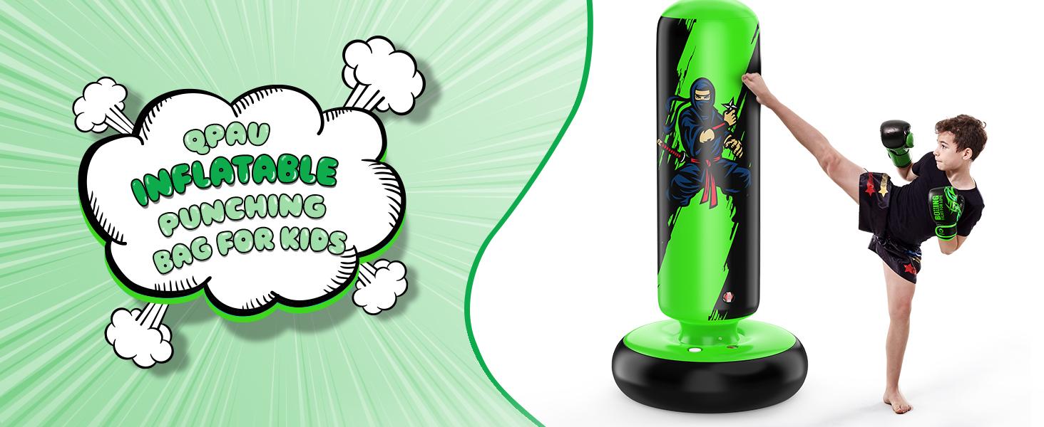 QPAU Kids Boxing Bag with Gloves 66-Inch Stabilized Inflatable Boxing Set for Boys Girls Ages 5-12 Karate Kickboxing MMA Sports Equipment Gift Training Durability Rebound