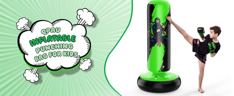 QPAU Kids Boxing Bag with Gloves 66-Inch Stabilized Inflatable Boxing Set for Boys Girls Ages 5-12 Karate Kickboxing MMA Sports Equipment Gift Training Durability Rebound