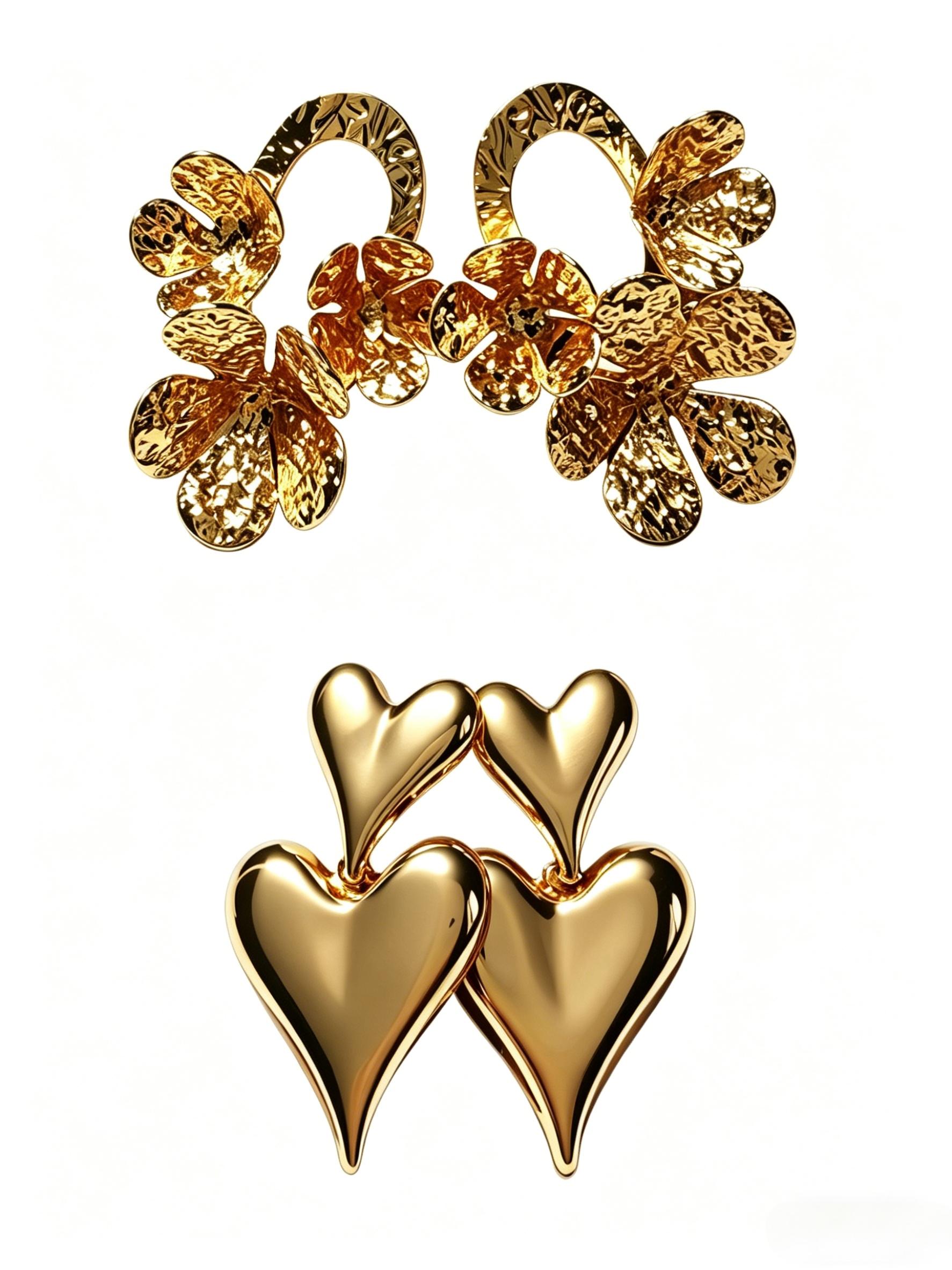 2 Pairs Luxury Gold Earrings Set • Sweet Cool Vintage Floral & Smooth Double Heart • Spring & Party Premium Jewelry • Versatile Lightweight Trendy Earrings • Gift for Girlfriend Bestie & Mother's Day