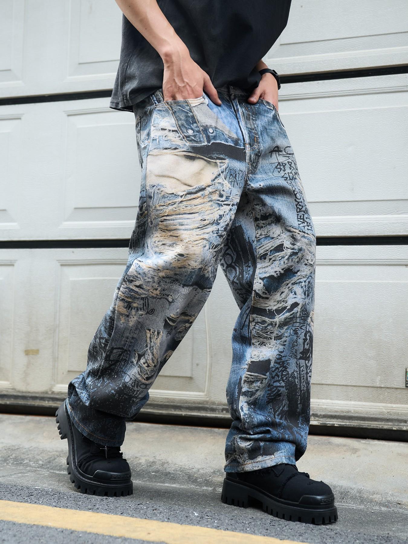 Men's 3D Printed Jeans Y2K Graffiti Denim Jeans, Wide Leg Streetwear, Loose Fit Casual Jeans for All Seasons