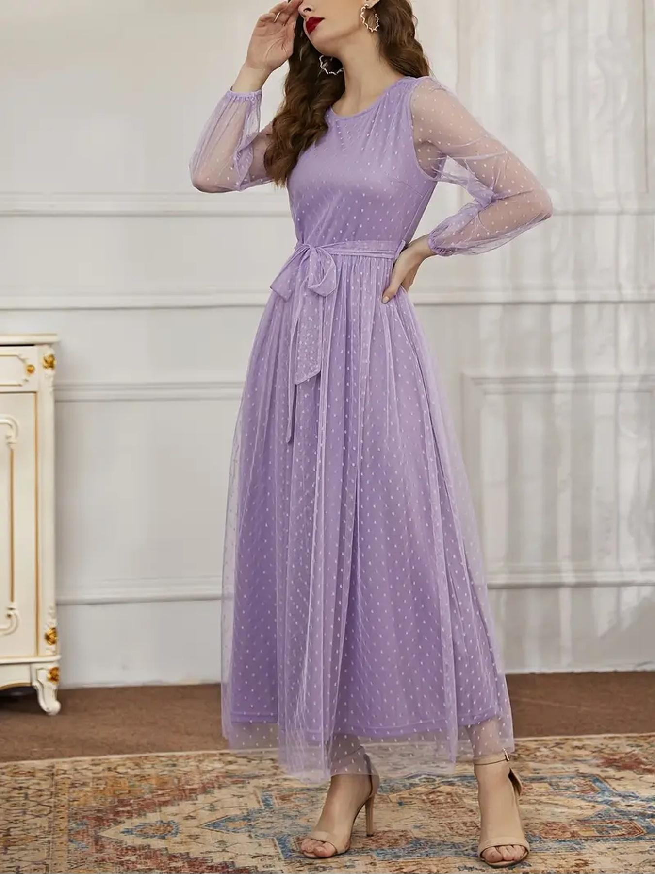 Mesh Maxi Dress for Women, Long Sleeve, Sheer, Lightweight, Fairy & Soft Vibe, Polka Dot Print, Flowy Skirt, Elegant Loose-Fitting Formal Evening Dress, Perfect for Wedding, Prom, Brunch