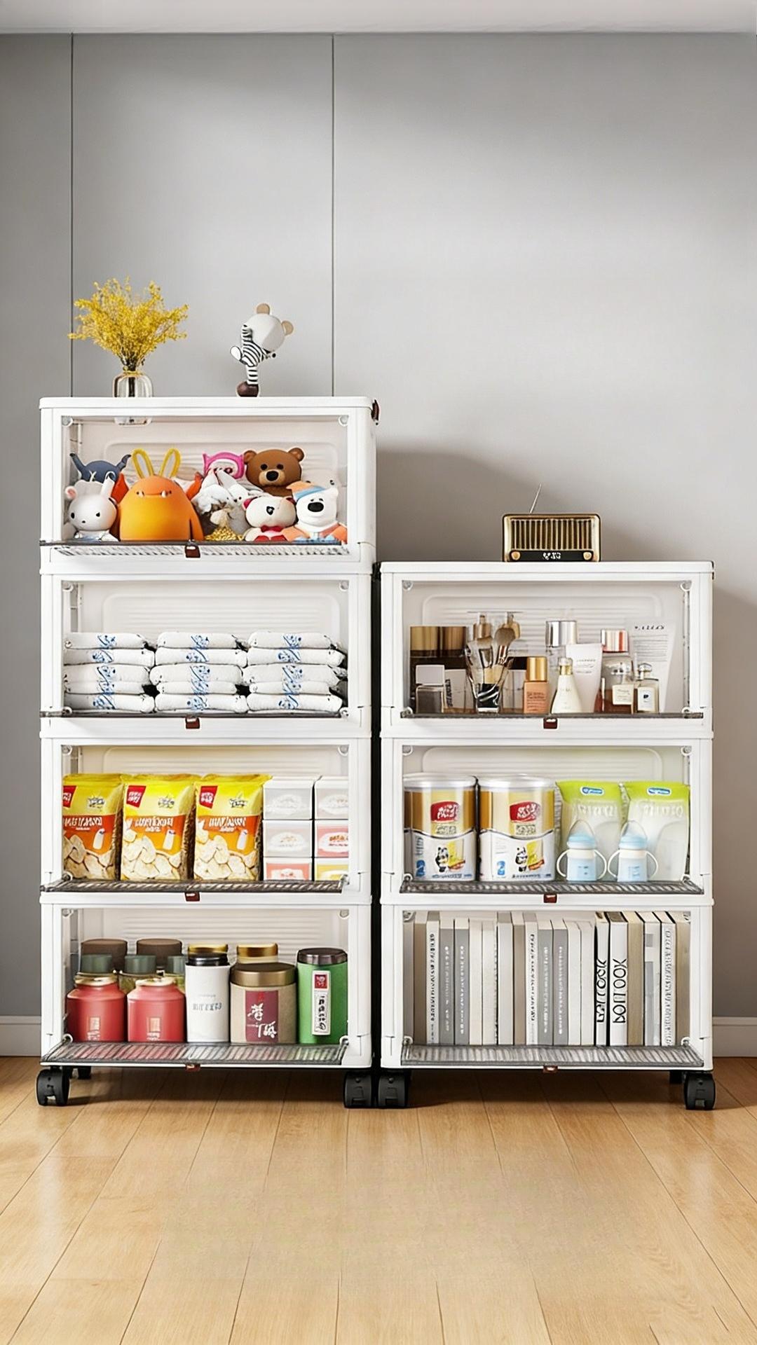 The latest multi-layer stackable transparent door storage cabinet, foldable plastic storage drawers with rollers, space-saving wardrobe storage supplies, suitable for kitchens, bedrooms, bathrooms