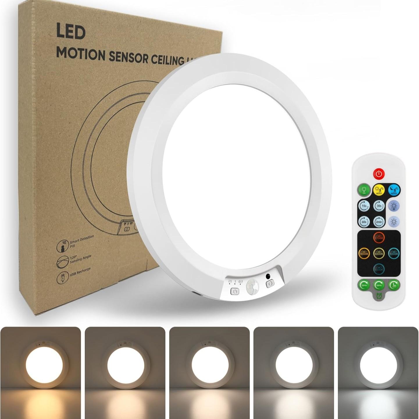 Rechargeable Motion Sensor Ceiling Light with Remote Control, Magnetic Wireless Battery Powered Lamp for Closet Shower Stairs Porch Balcony