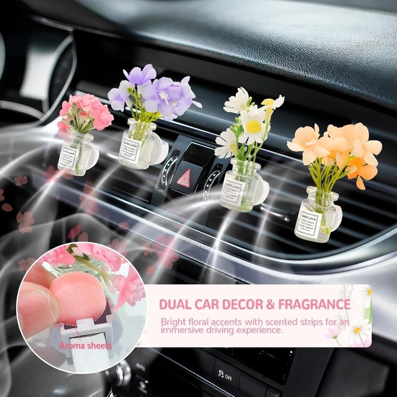 4 Pack Flowers Car Vent Clips, Cute Daisy Plants Vase Air Conditioning Outlet Clip with Fragrance Pads, Charm Scent Perfume Automotive Interior Decorations for Women;Automotive interior accessories