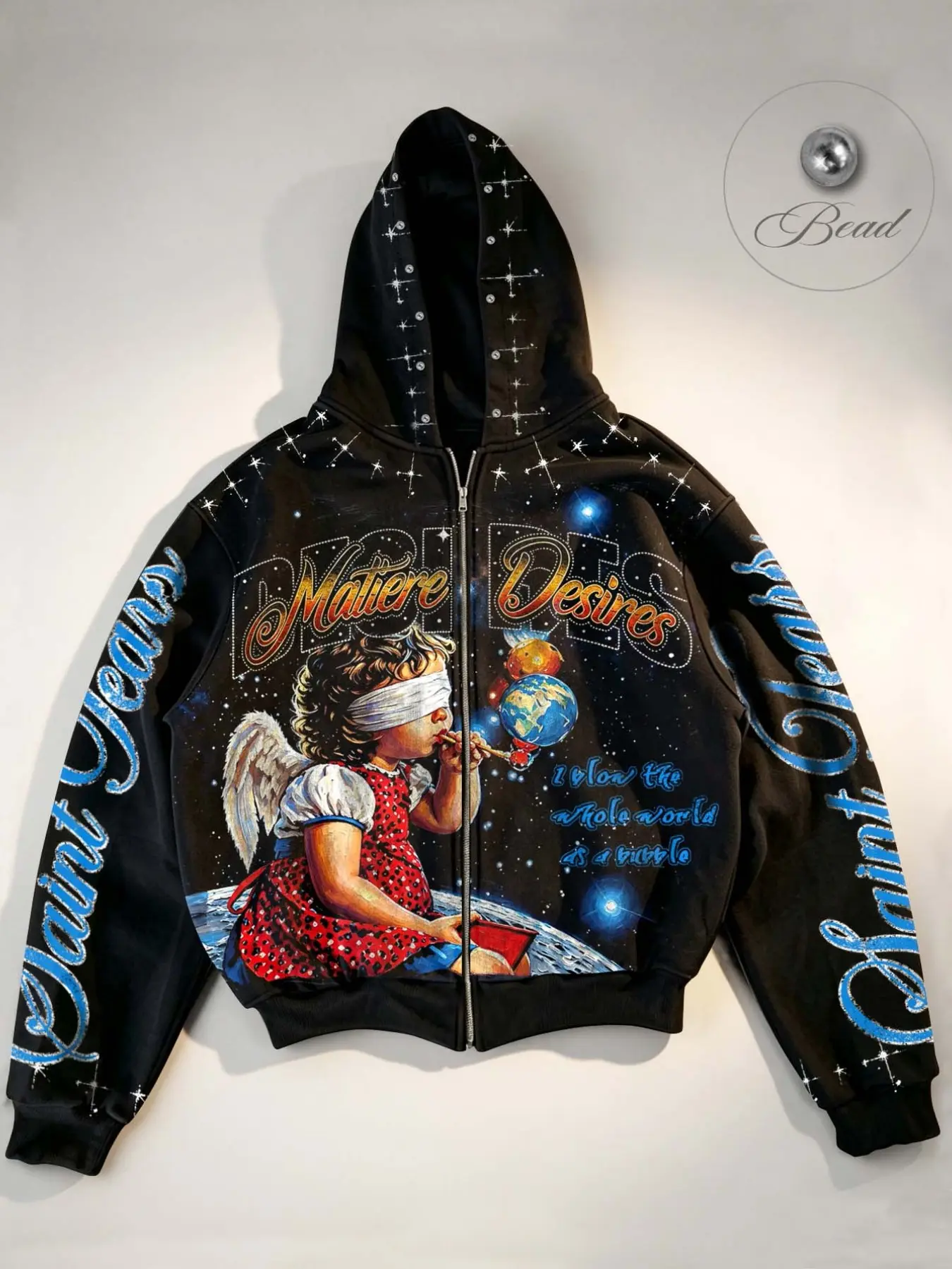 Matiere Desires Men’s/Unisex Hooded Cardigan Jacket – Featuring a "Blindfolded Angel Blowing Planet-Bubbles" Graphic and Large Lettering on the Back; Y2K Street-Style Fleece-Lined Zip-Up Jacket for Men and Women (Autumn/Winter Collection)