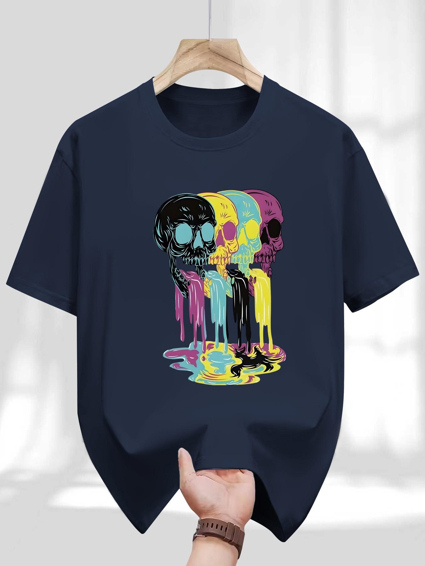 Men's Round Neck T-Shirt, Fashion Colorful Skull Geometric Print, Retro Religious Style, Casual Long Sleeve, Perfect for Daily Wear