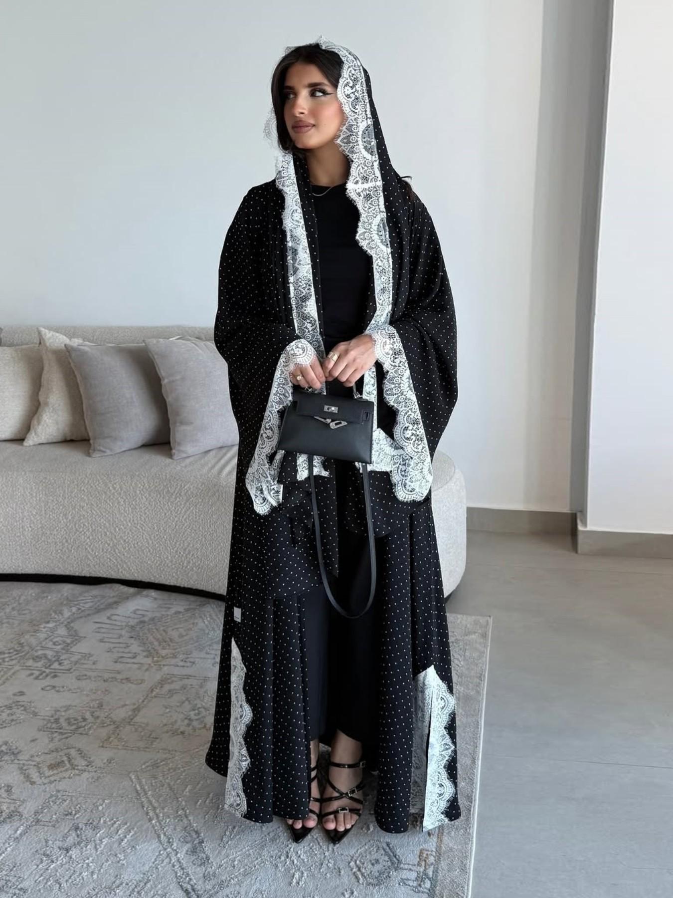 New Muslim Women's Long Robe, Loose Fit, Includes Headscarf, Polka Dot, Lace Design, Split, Two-Piece Set, Casual Daily Wear, Elegant Islamic Clothing, Abaya Hijab Set, Islamic Modesty Clothes