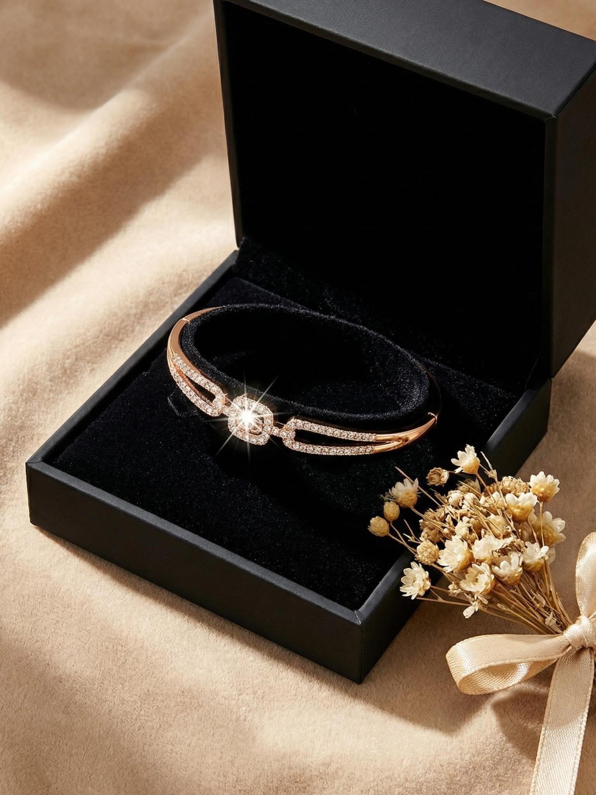 Luxury Diamond-Embedded Open Bracelet for Women, Boho Style, Stainless Steel Chain, Fashionable Accessory for Daily Wear and Evening Events