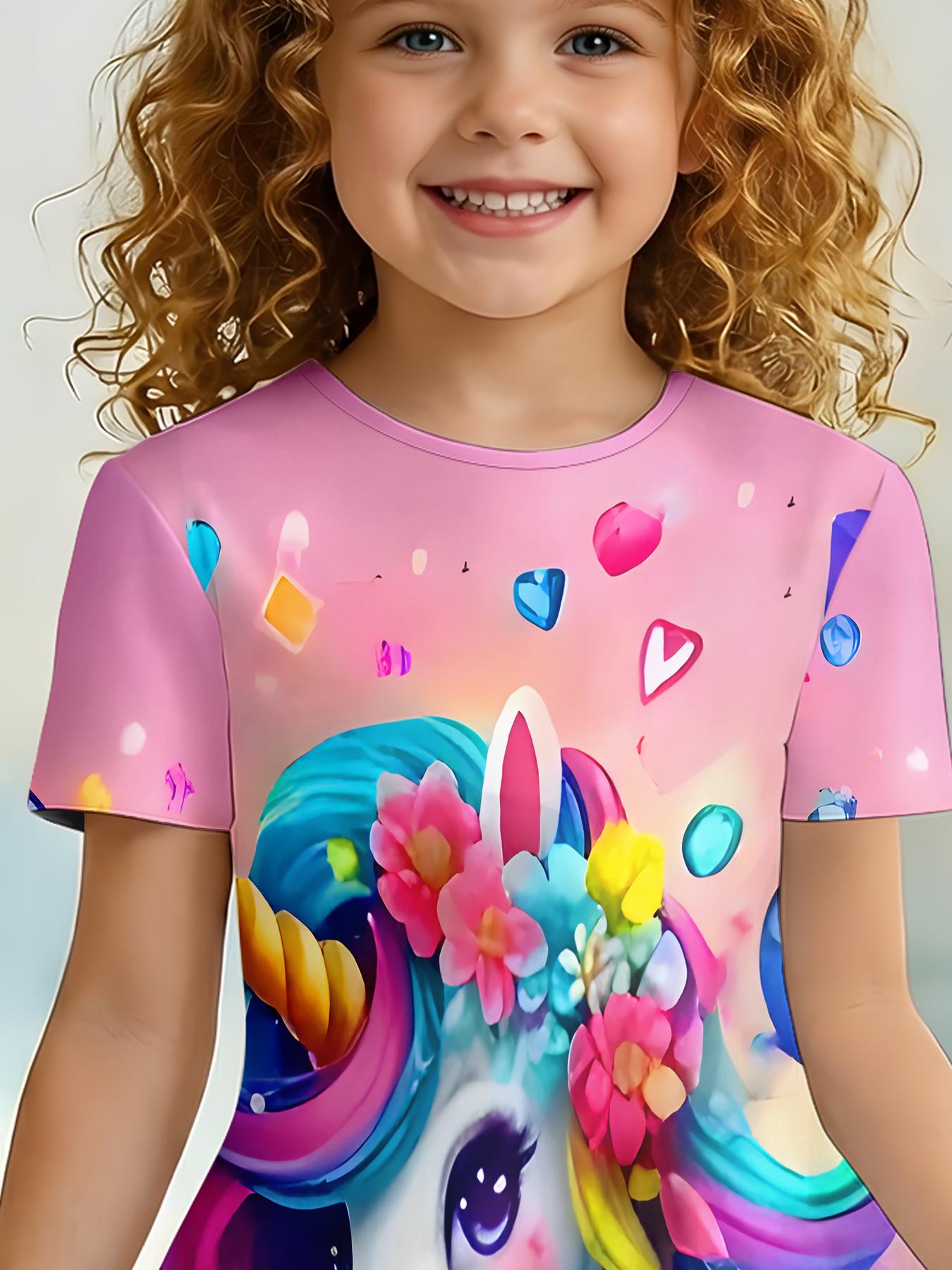 Girls Summer Flower Unicorn Print Dress, Kids Pink Heart Crew Neck Short Sleeve A-Line Dress