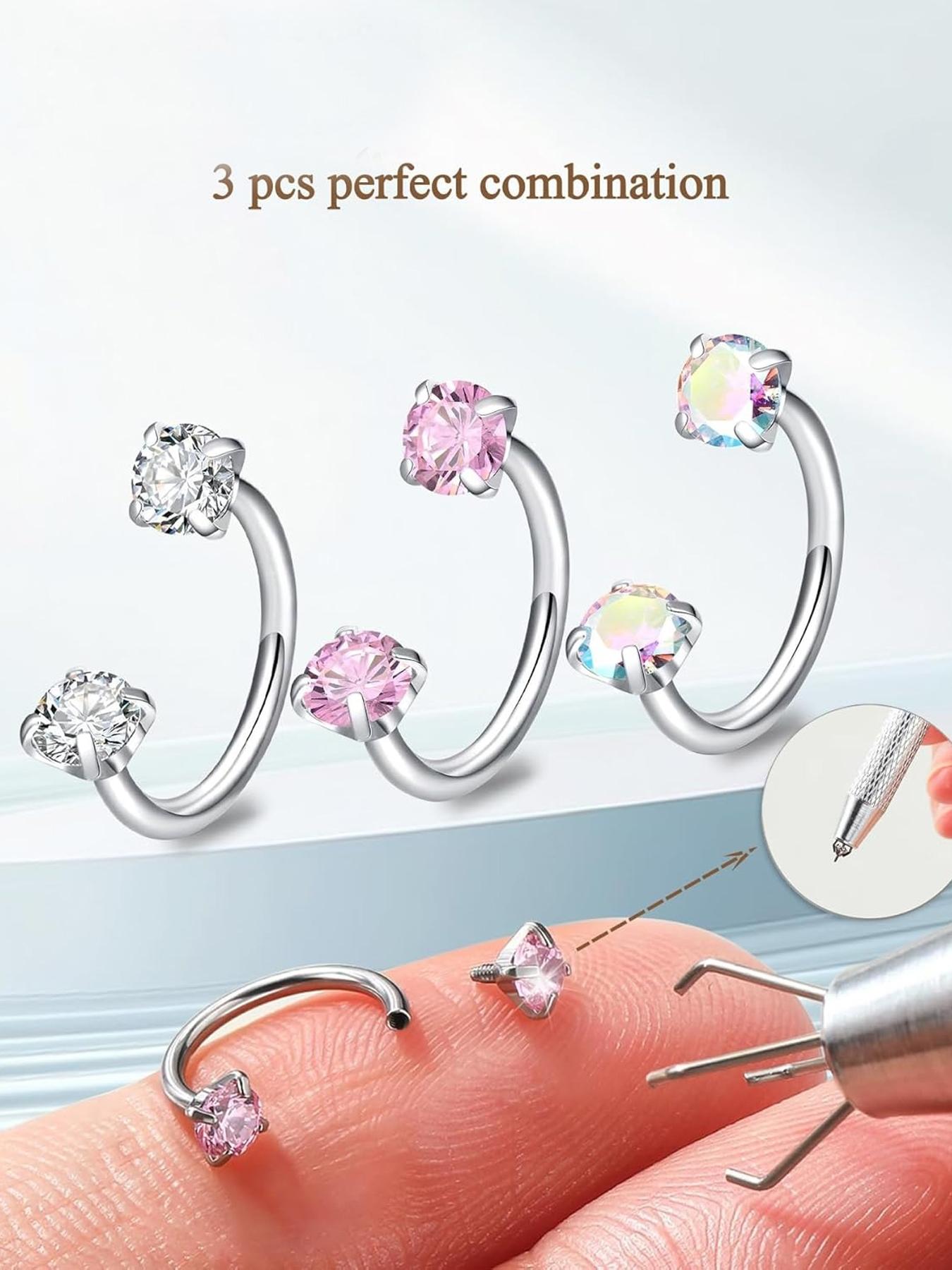 Hoop Nose Ring Set, Horseshoe Nose Rings for Women, Stainless Steel Piercing Jewelry, Dual Gemstone Hoop Rings, Surgical Steel Cartilage Spiral Earrings, Nose Piercing Kit