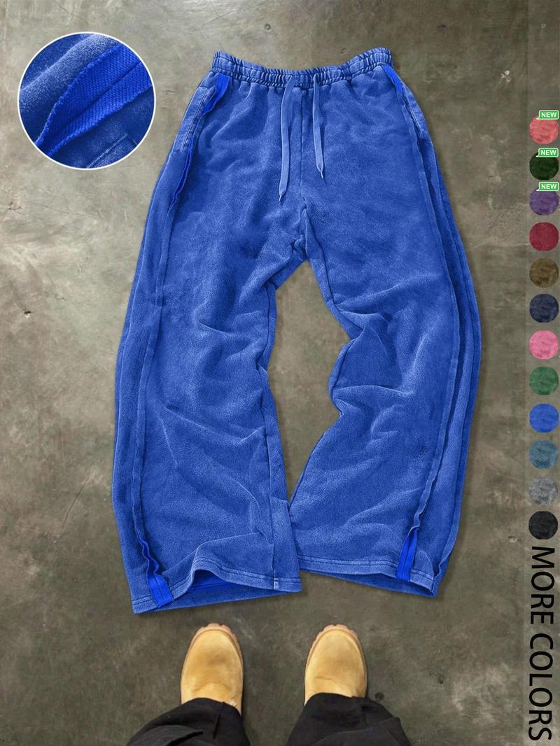 Men's Streetwear Simple Cotton Sport Pants, Wide Leg Knit Sweatpants, Washed Cotton Fabric, Casual Loose Fit, All Seasons, Comfy Sweatpants