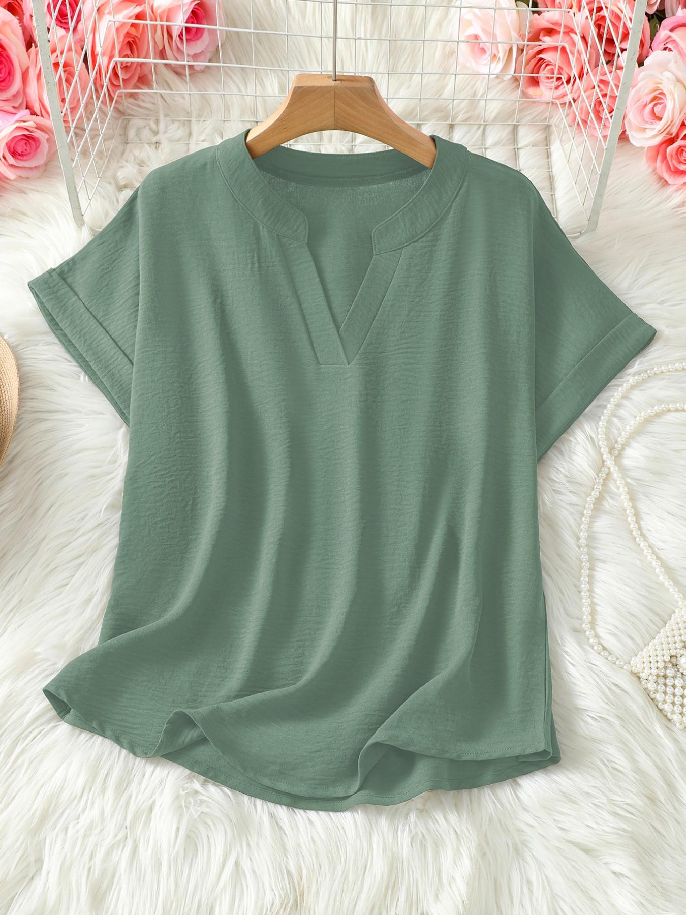 Women's Simple Solid Color Commuter V-Neck Drop Shoulder Vintage Versatile Top, Short Sleeve Fitted H-Type Blouse, Casual Fashion Shirts
