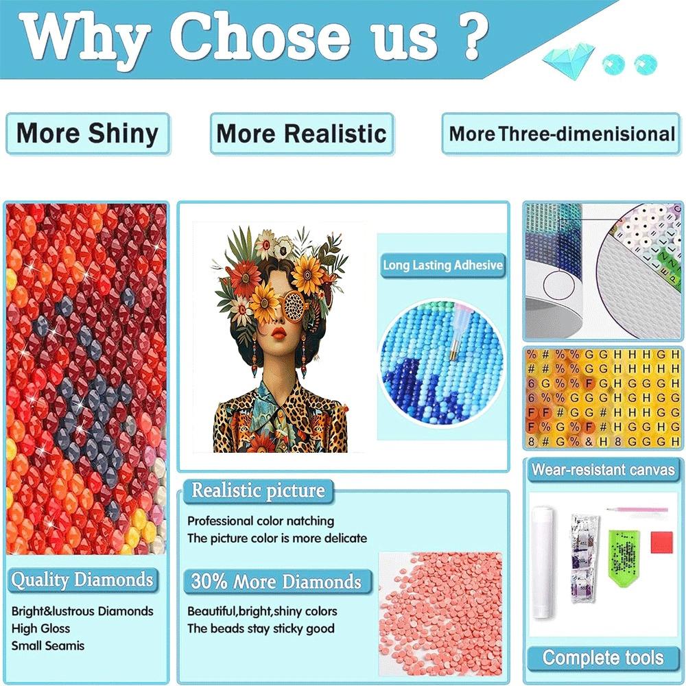 1PC 5D diamond painting 2D flat printing Diamond Painting Kit for Adults DIY Flower Leopard Print Art Home Decor with Sunflower Headpiece Design Rhinestone Embroidery Craft Supply