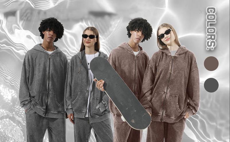 BIGWIG Unisex loose zip-up hoodie suitable for men and women, solid color zip-up sweatshirt acid wash long sleeve pullover, basic minimalist terry fabric cotton zip-up hoodie vintage