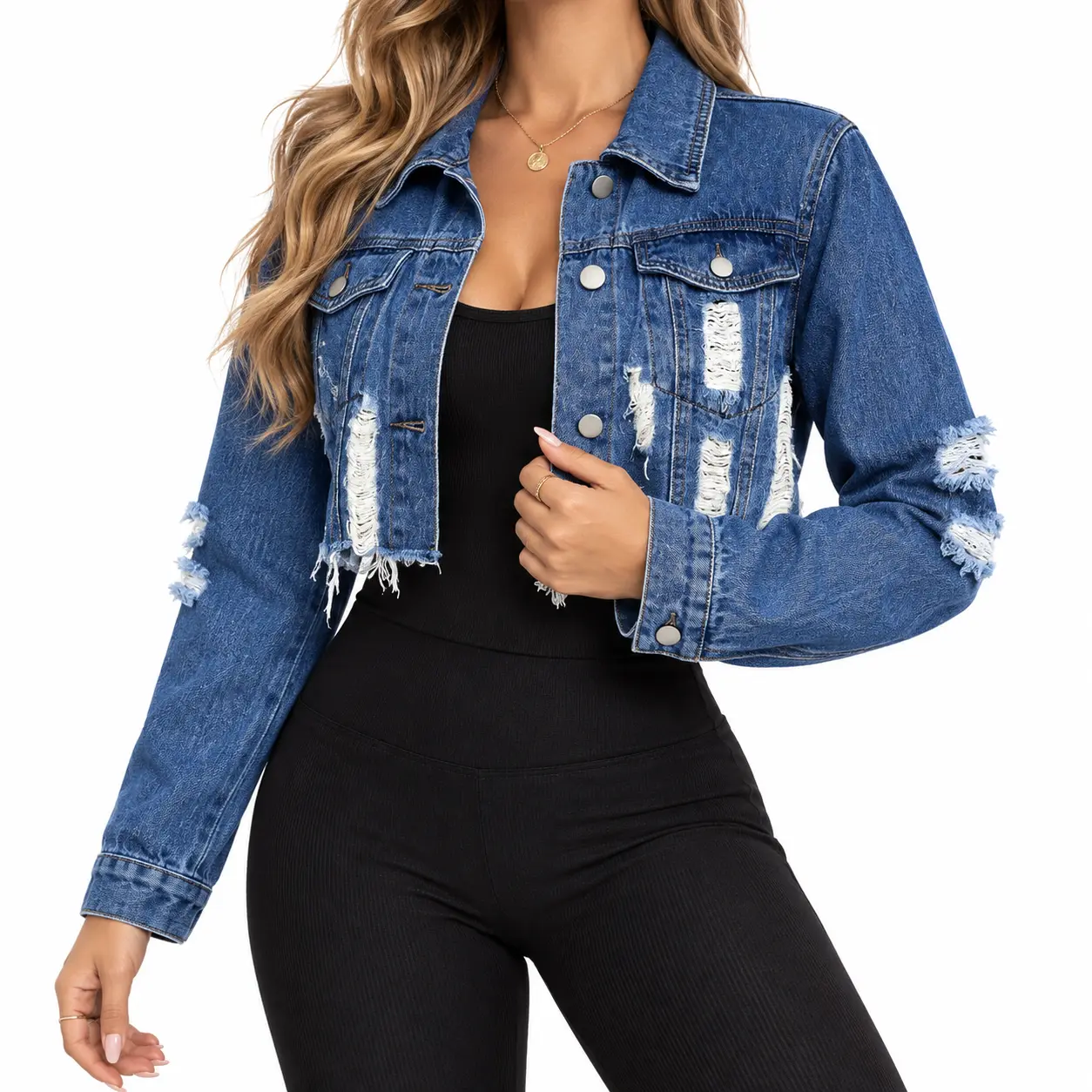 Women's Fitted Cropped Distressed Denim Jacket - Button-Front Long Sleeve Ripped Jean Coat with Chest Flap Pockets, Raw Frayed Hem, Simple Basic Design, Short Bottoms Compatibility - Washed Blue Casual Streetwear Outerwear for Fall & Everyday Wear