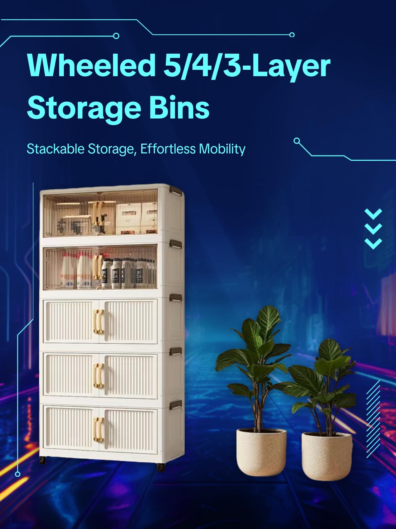 Stackable storage boxes with lids and wheels, available in 5/4/3 layers; foldable plastic storage cabinets; wheeled storage trolleys; suitable for bedrooms, living rooms, kitchens, and offices.