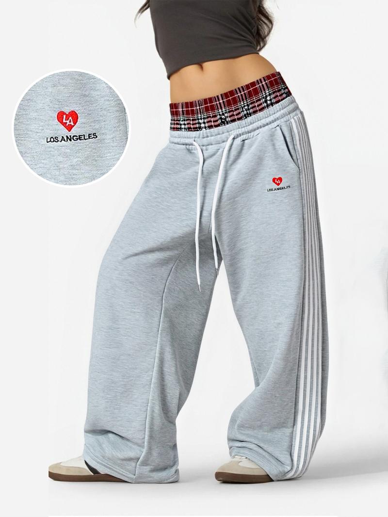 LA Heart Graphic Gray Wide-Leg Joggers | Plaid Waistband Striped Pants – City Aesthetic! Comfy Fleece Fabric, Retro Sporty Fit Perfect for #OOTD, #StreetwearVibes, #Y2KRevival. Stylish for Brunch, Hangouts or Casual Days – Bold LA-Th Wide Sweatpants