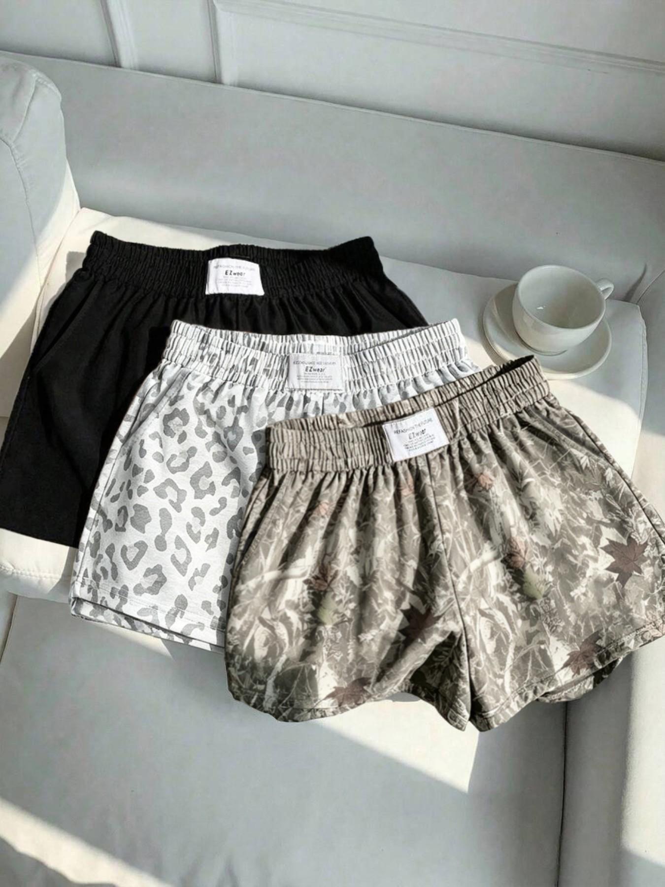 3-Pack Women's Summer Casual, Fashion, Elastic Waistband Shorts: Leopard Print + Solid Color – Comfortable, Loose Fit. Soft fabric, slant pockets, letter tag design. Suitable for daily light exercise, going out, home wear