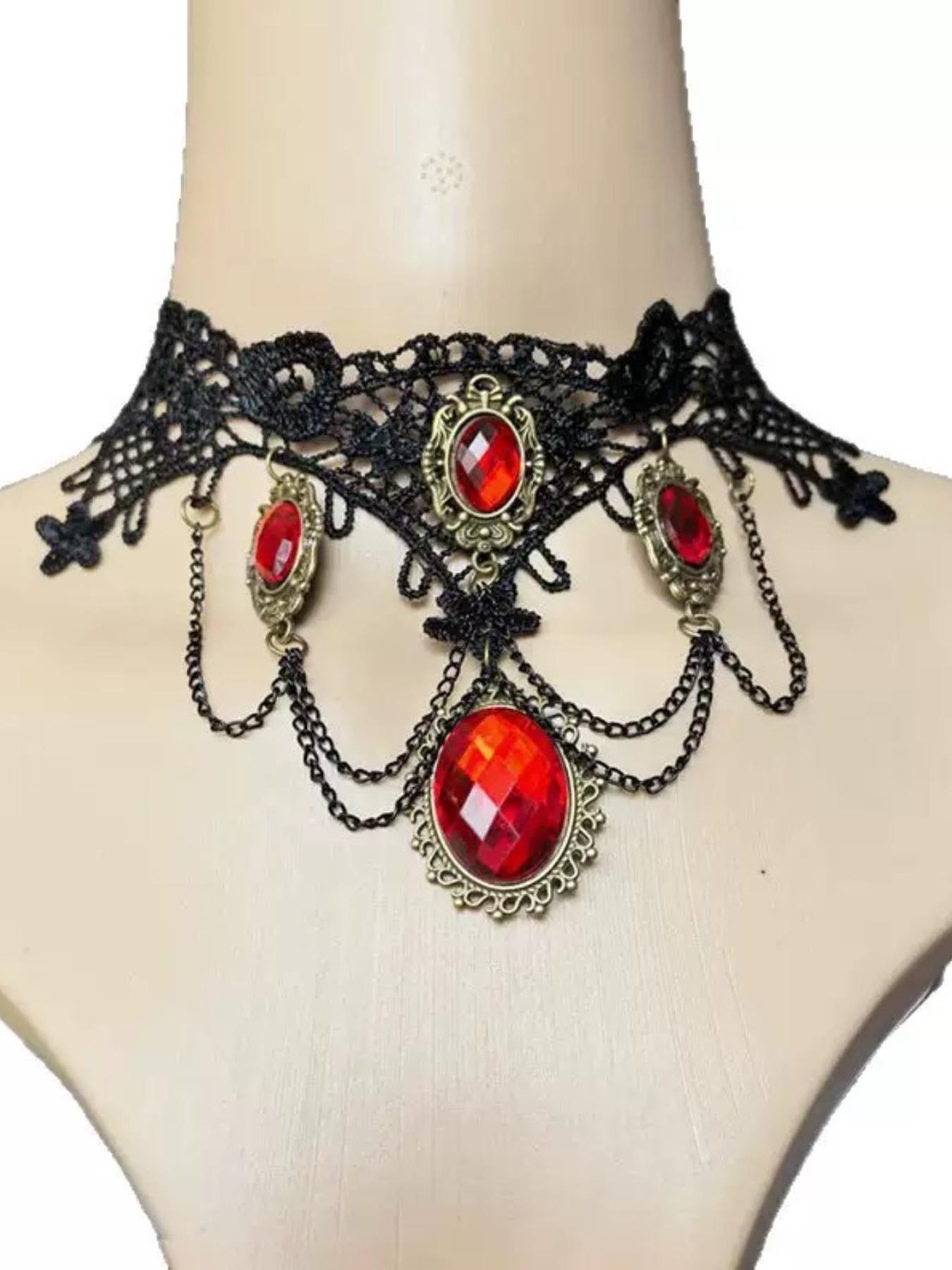 Vintage Court Necklace, Gothic Halloween Dark Princess Lace Choker, Unique Chain Print Accessory, Party Style, All Seasons