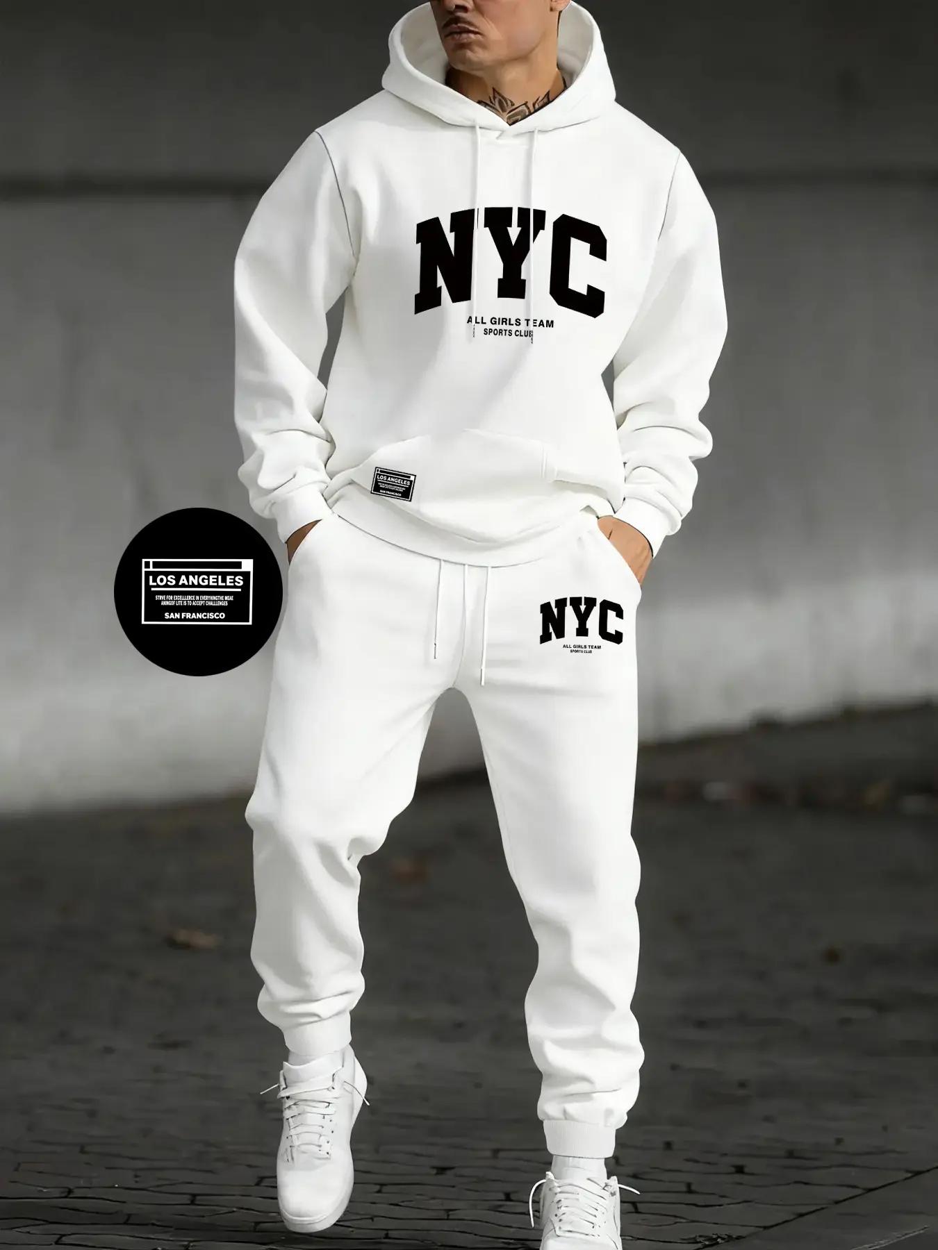 Men's Letter Print Hoodie Set, Kangaroo Pocket Drawstring Hooded Sweatshirt + Waistdrawstring Sport Pants 2 Piece Set, Fall & Winter Casual Fashion, Streetwear Tracksuit Set, Sweatsuit Set, Loose Casual Athleisure