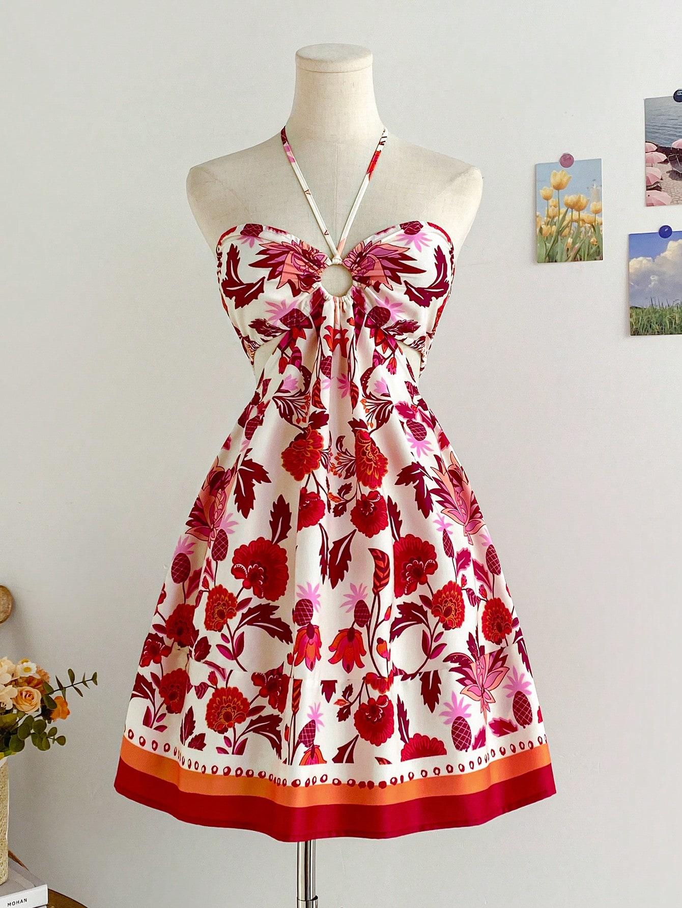 Spring Floral Halter Flowy A Line Dress Cut Out Smocked High Waisted Short Vacation Dress Sundresses Spring Floral Halter Flowy A Line Dress Cut Out Smocked High Waisted Short Vacation Dress Sundresses