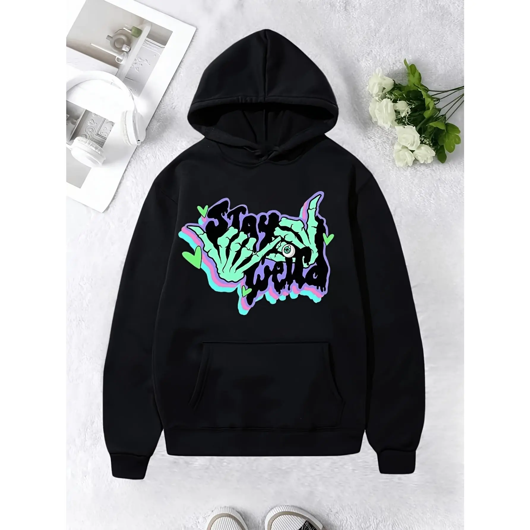 Men'S & Women'S Green & Pink Skeleton Hand Graphic Hooded Sweatshirt - Soft Cotton Pullover Hoodie with Front Pocket, Loose Fit Casual Streetwear, Lightweight, Unisex Gothic Letter Print Sweatshirt for Casual Attire & Themed Events
