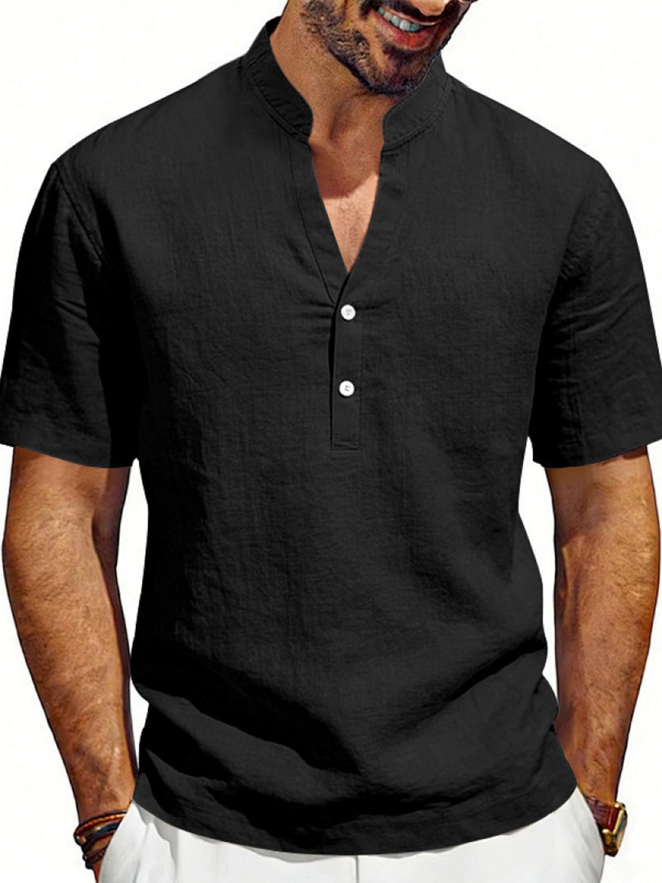 Men's Summer Loose Fit Linen Casual Breathable Henry V Neck Short Sleeve Shirt, Cross-Border American Style Commuter Top