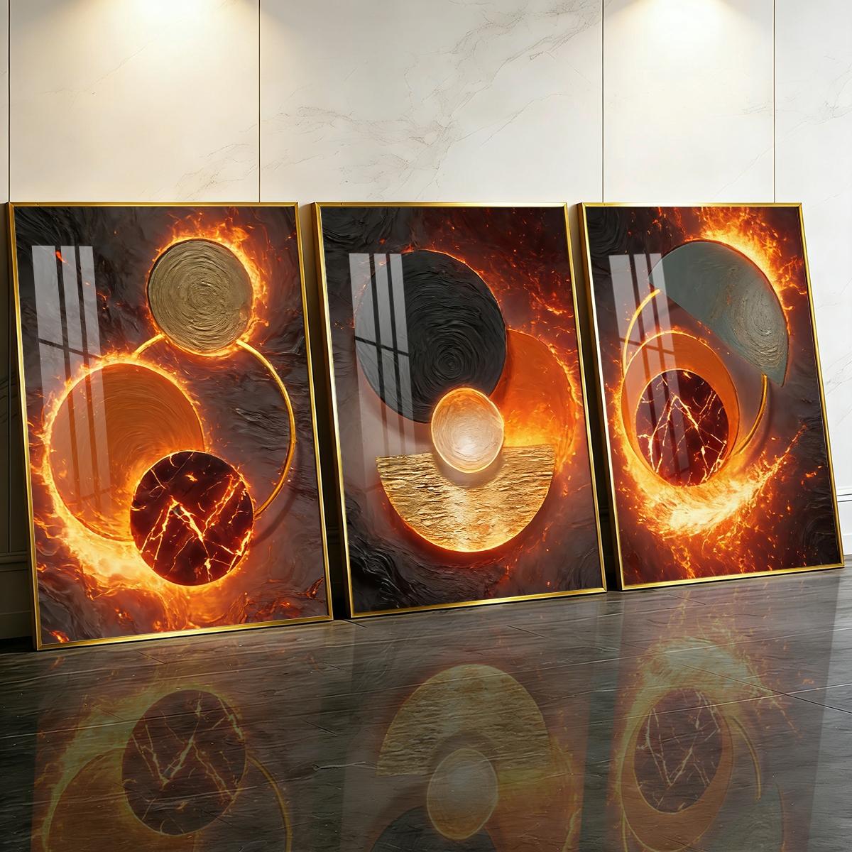 3 Counts Aluminum Alloy Framed Painting, Abstract Fire And Lava Geometry Pictures, Home Decoration For Living Room, Bedroom, Office, Restaurant, Hallway Wall Decor, Odorless Print Artwork, Luxury Perfect Gift For Friends And Family