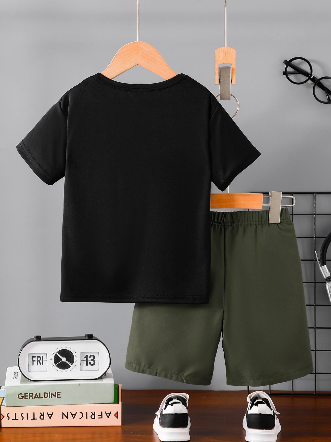 Boys' Summer Fashion Set, Casual Round Neck Short Sleeve T-Shirt with Pocket Design, Cool Breathable Outdoor Wear, 2-Piece Set