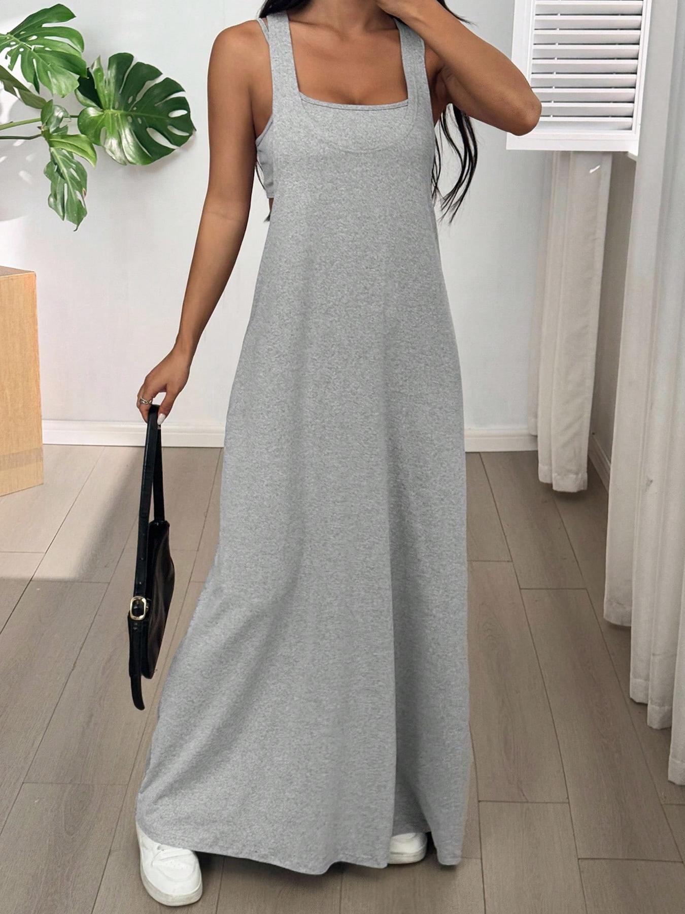 Women's 2pcs Heather solid color Casual Wear Tank Top & Cutout Maxi Dress Set , Soft Stretchy Fabric & Double-Strap Design