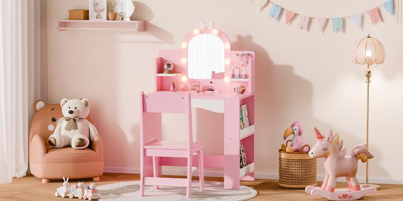 Kids Vanity with Lights, Princess Makeup Vanity Table and Chair Set for Girls, Toddler Vanity Desk with Open Bookshelf, Storage Cabinet & Shelves, Stools Mirror