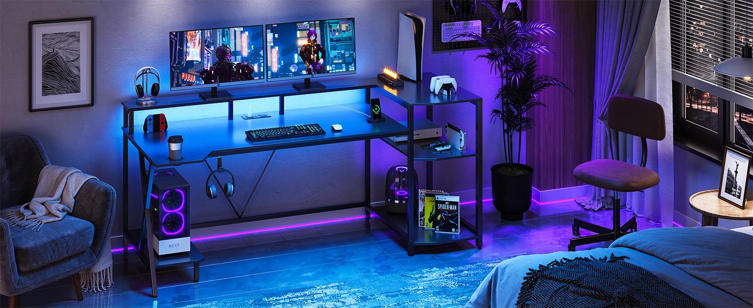 sedeta Gaming Table 70.8 in. with LED Lights and Storage Shelf Computer Table with Monitor Stand, Power Outlet and Cup Holder Ergonomic Table