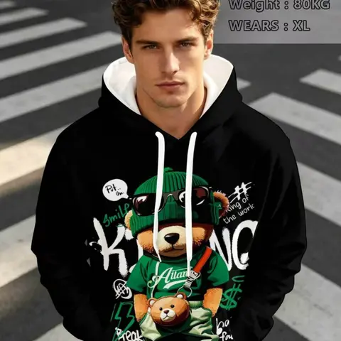 Men's Hooded Sweatshirt with Cartoon Bear Print, Casual Long Sleeve Pullover for Fall & Winter, Comfortable Fitted Design, Casual Pullover Hoodies, Trendy Hoodie Sweatshirt