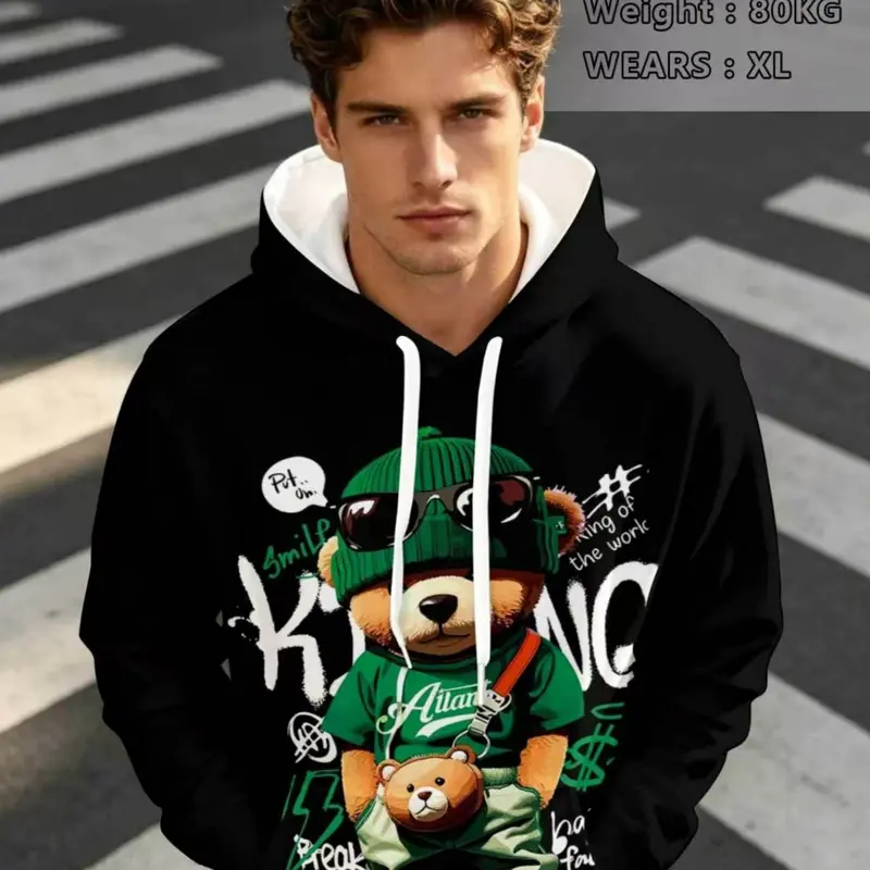 Men's Hooded Sweatshirt with Cartoon Bear Print, Casual Long Sleeve Pullover for Fall & Winter, Comfortable Fitted Design, Casual Pullover Hoodies, Trendy Hoodie Sweatshirt