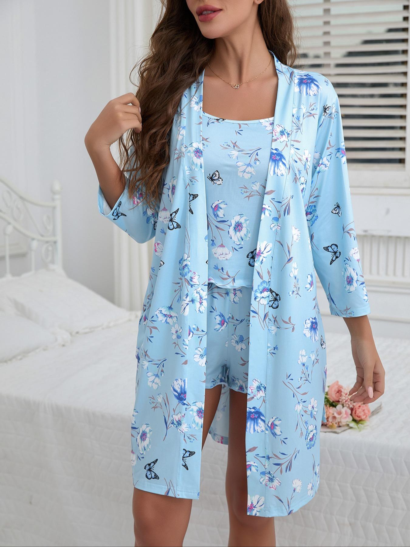 Floral Print Women's Robe with Lace Trim Camisole and Shorts Set, Comfortable Fitted Loungewear for All Seasons, Casual Home Sleepwear