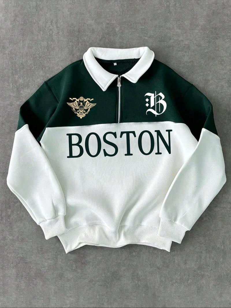 Men's Regular Fit Contrast Trim Zip Up Half Placket Sweatshirt, Casual Comfy Long Sleeve Collared Pullover for Spring & Fall, Fashion Men's Top for Daily Wear, Hoodie